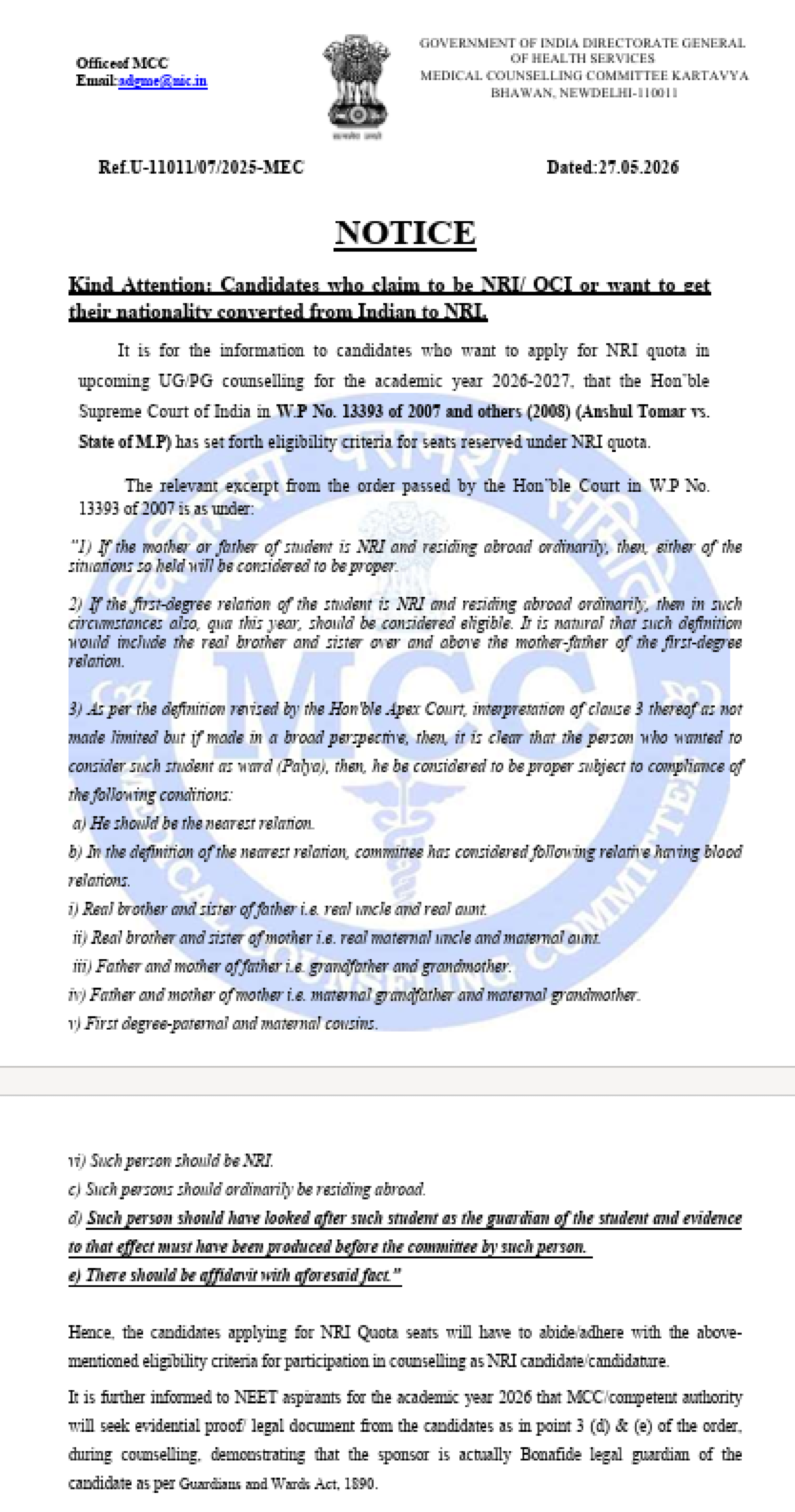 MCC Notice for NRI/OCI Eligibility in NEET UG Counselling 2026-27