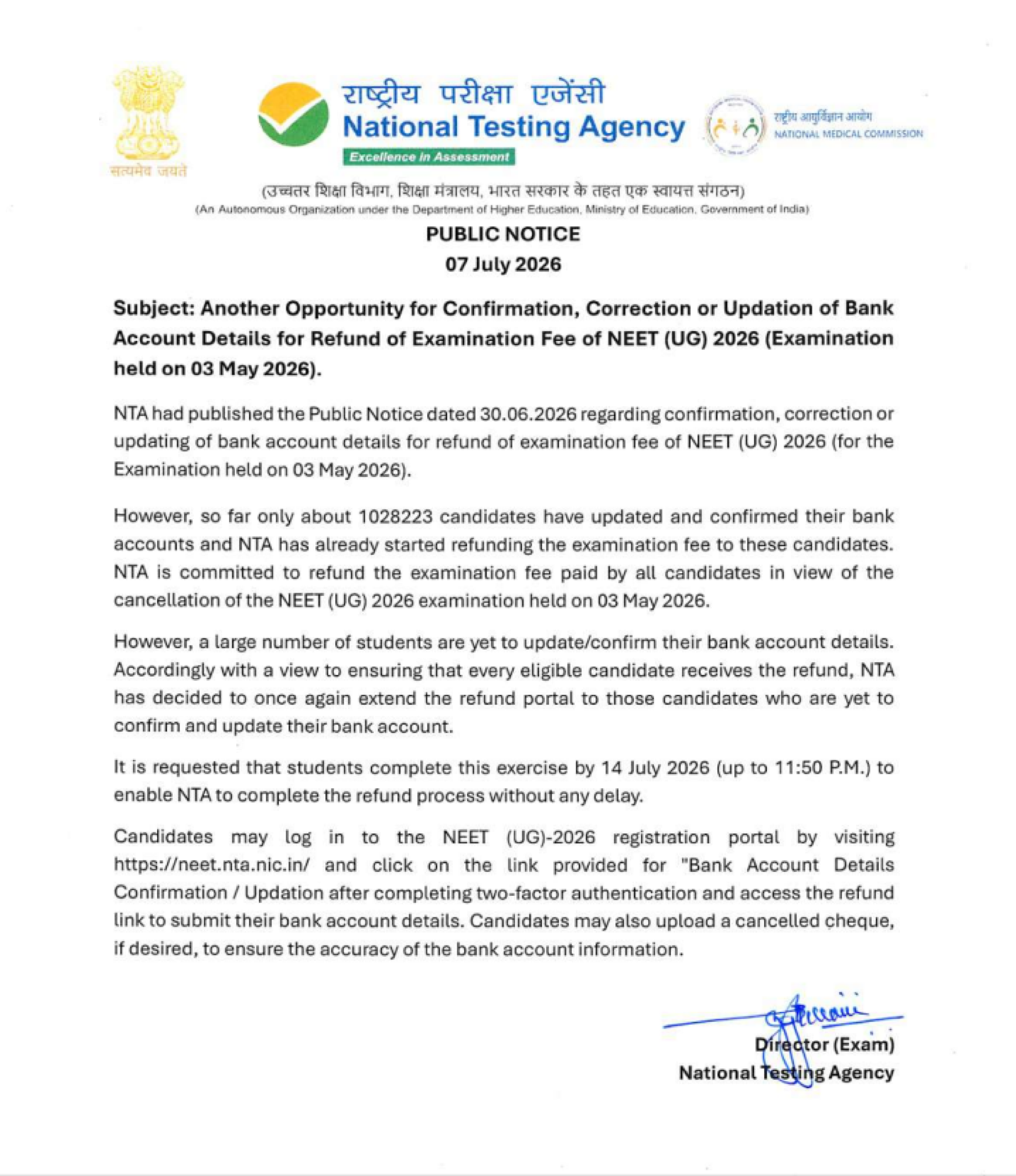 NEET UG 2026 Refund Update: Last Date to Confirm Bank Details Extended