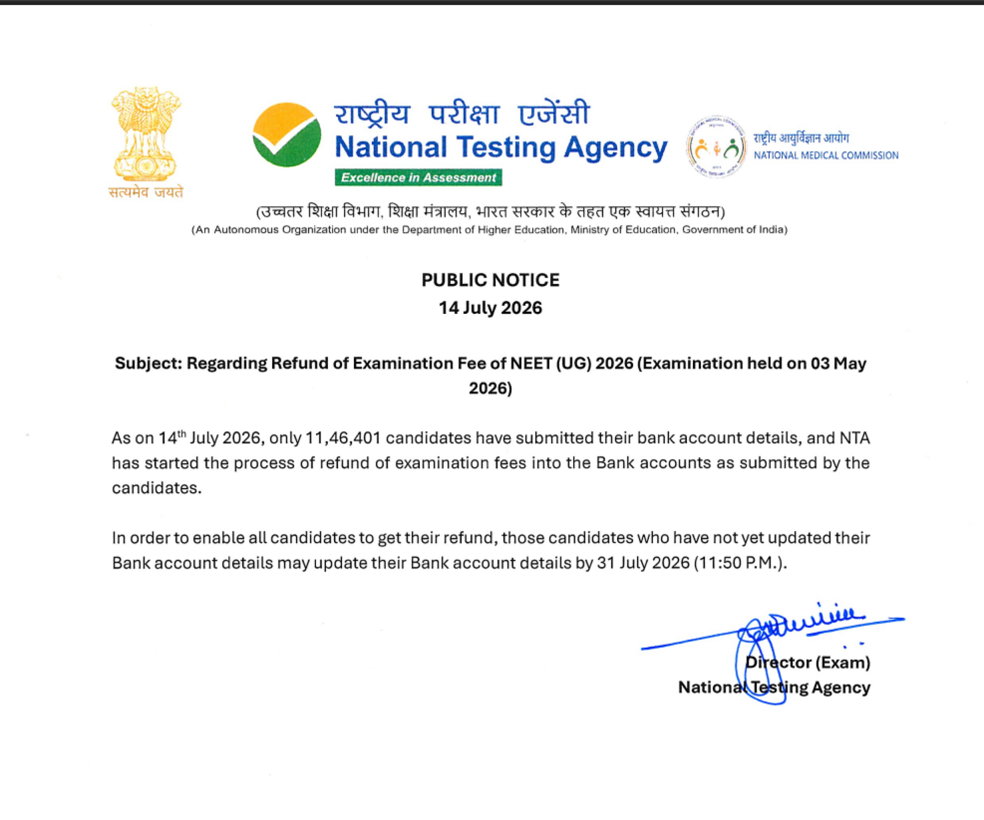 NTA NEET (UG) 2026 Exam Fee Refund: Bank Account Update Deadline Extended to 31 July