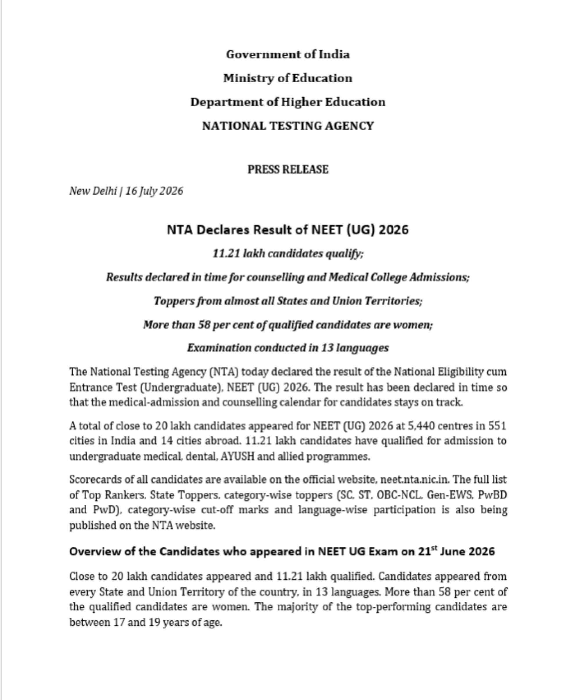 NTA Declares NEET (UG) 2026 Results: 11.21 Lakh Candidates Qualify