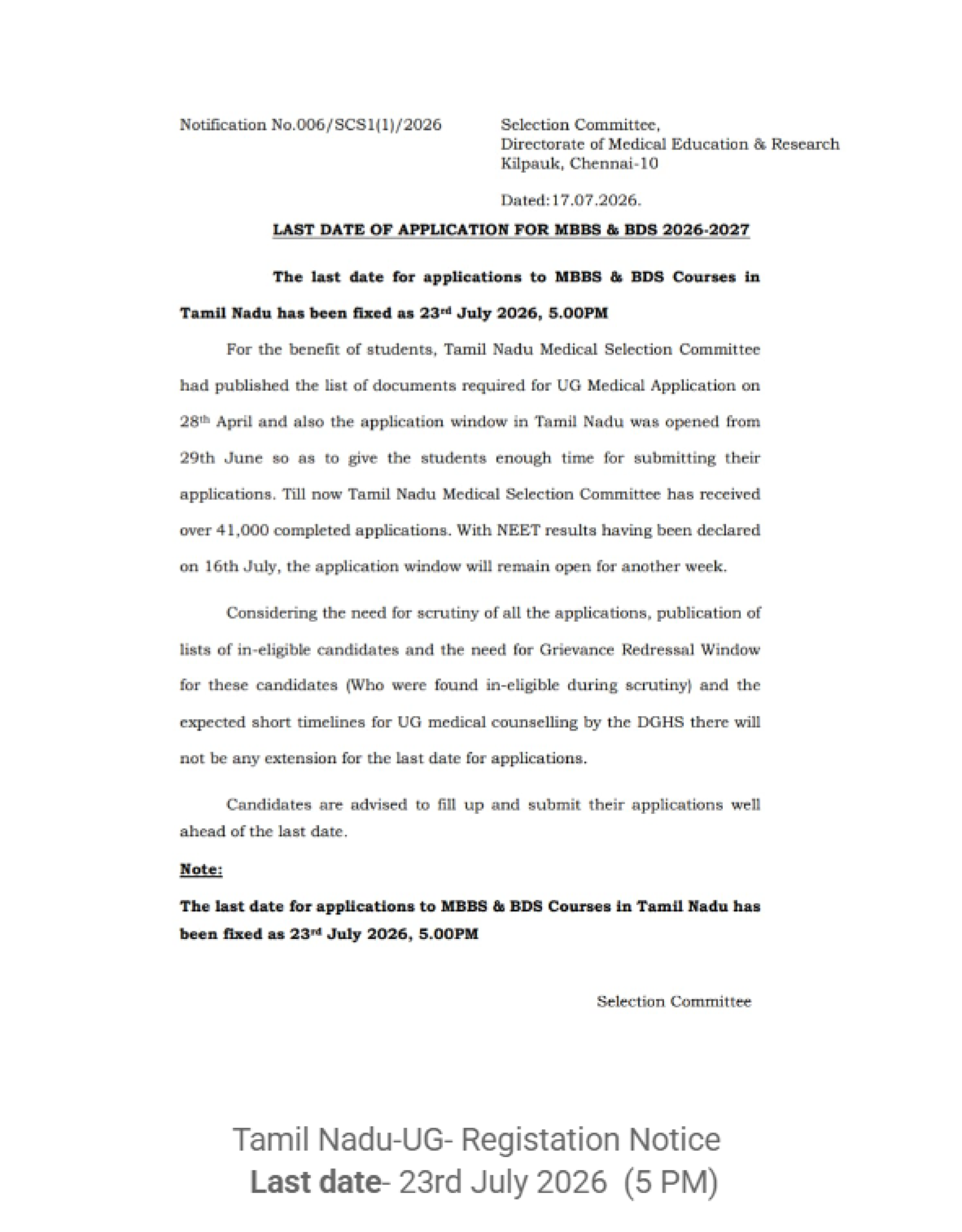 Tamil Nadu MBBS & BDS 2026 Registration Deadline Announced