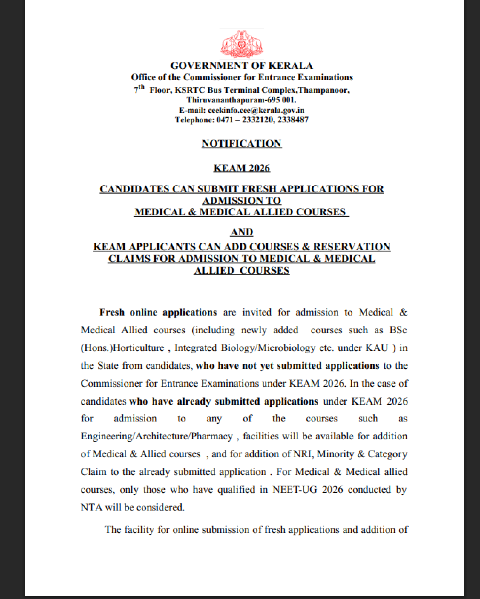 KEAM 2026: Kerala Opens Fresh Applications for MBBS & Medical Allied Courses