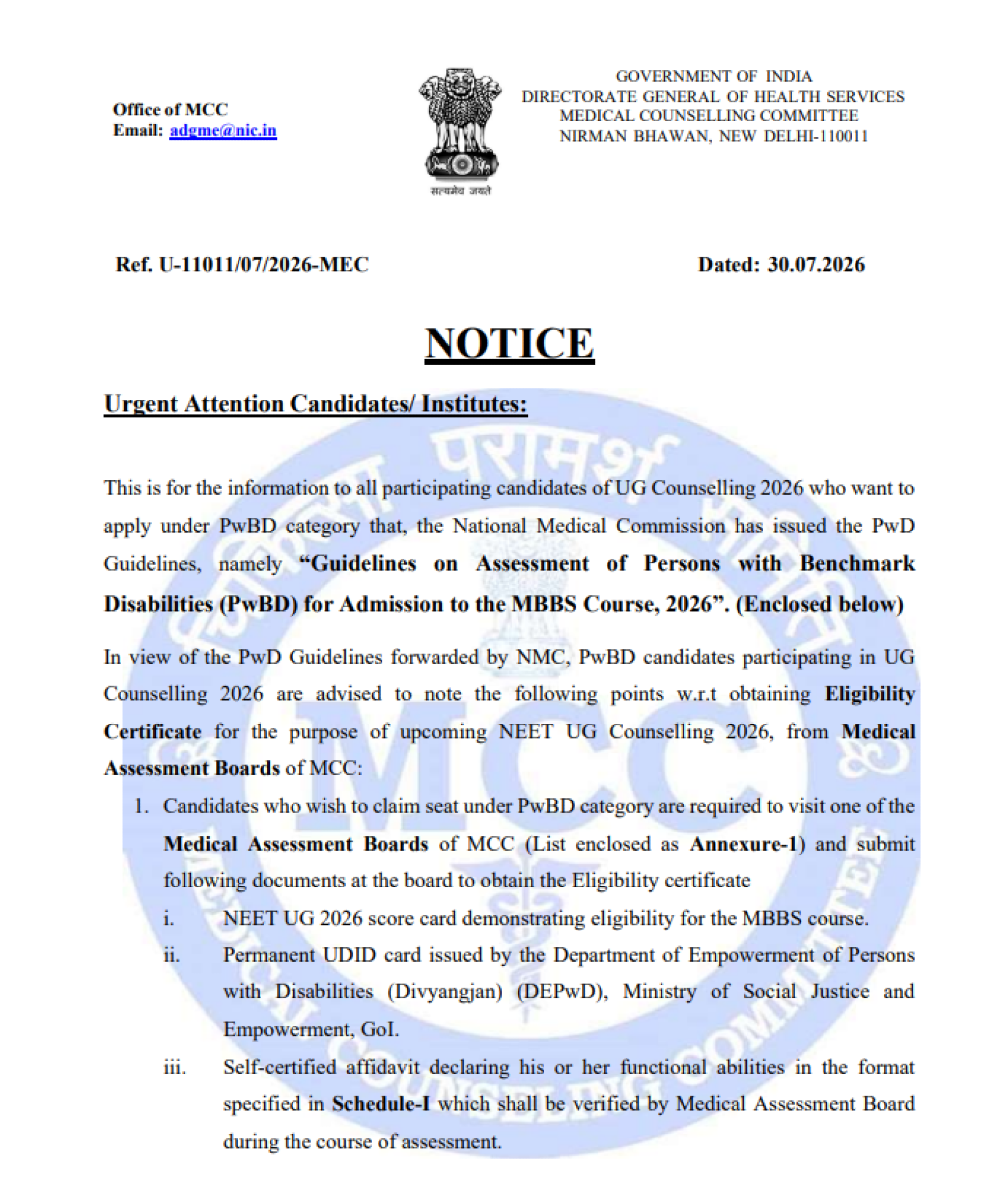 MCC Issues Important Notice for PwBD Candidates Applying for NEET UG Counselling 2026