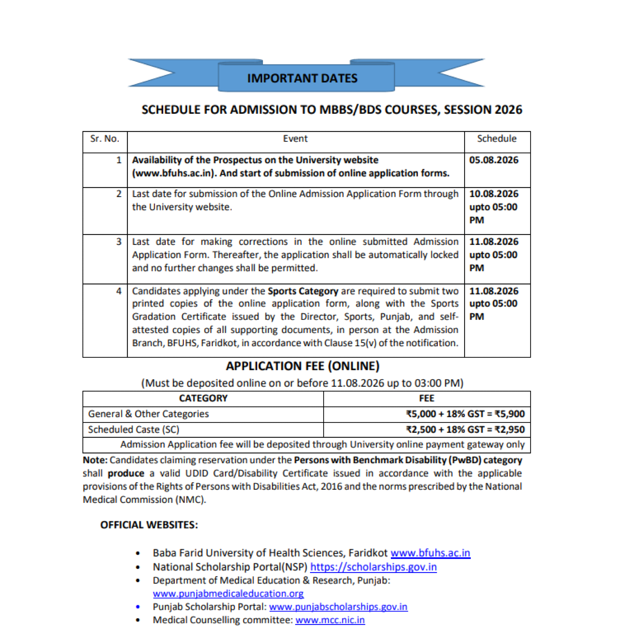 BFUHS MBBS/BDS Admission 2026 Schedule Out