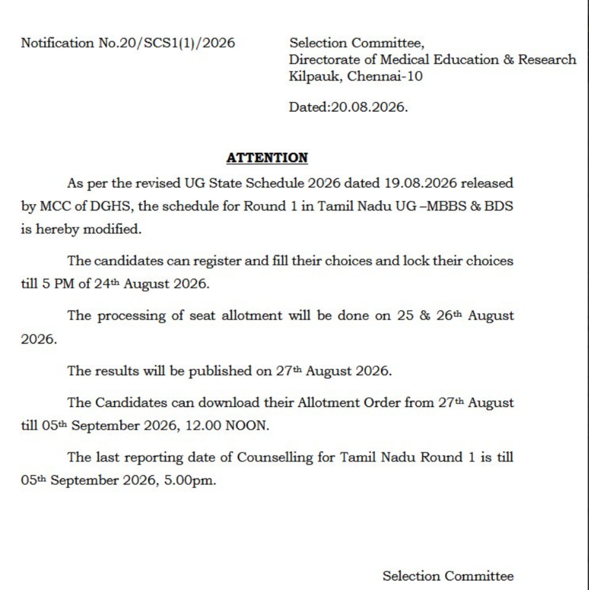 Tamil Nadu NEET UG 2026 Round 1 Counselling Schedule Revised