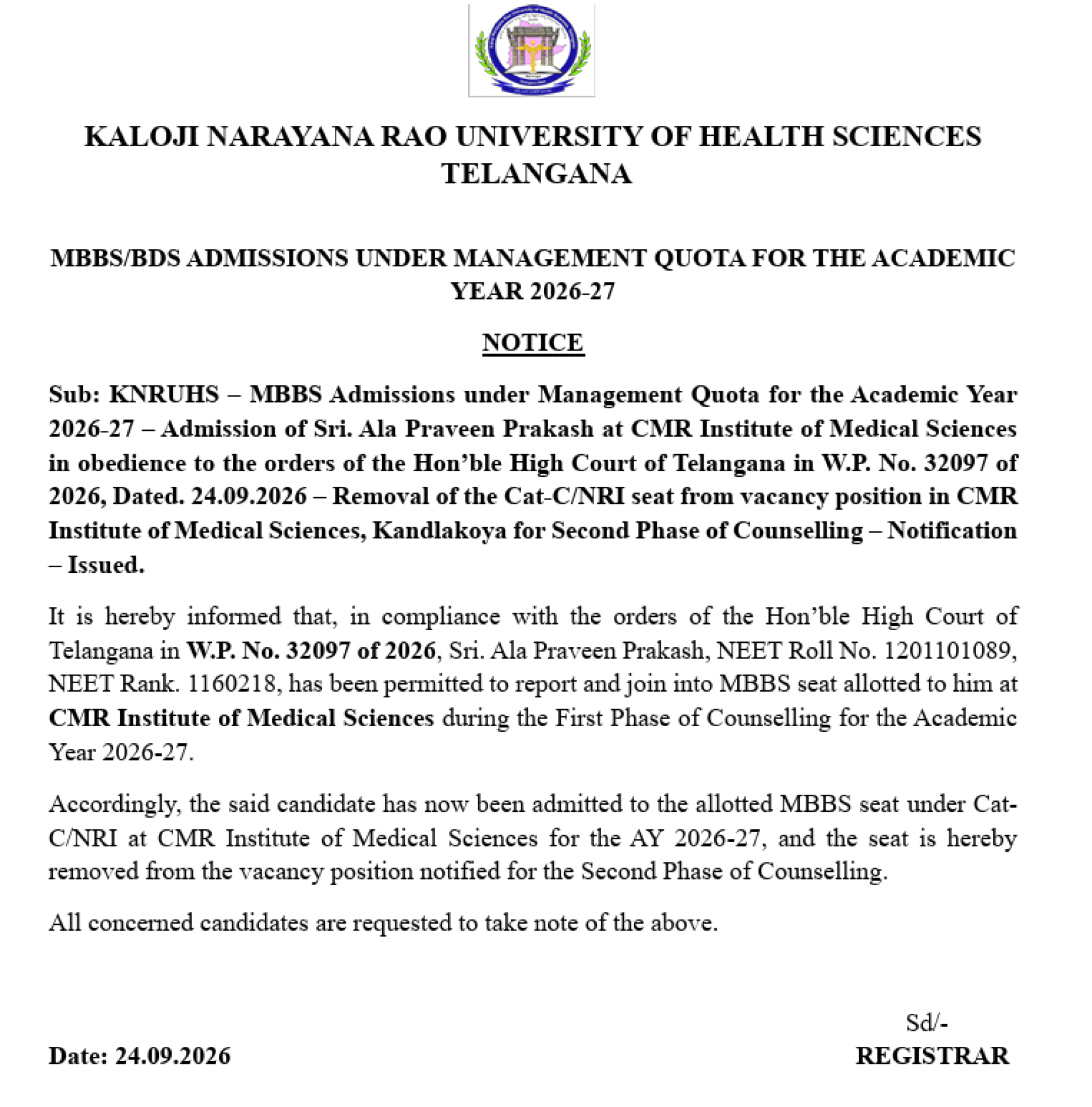 Telangana Management Quota 2026 – CMR Institute of Medical Sciences Seat Removed from Vacancy