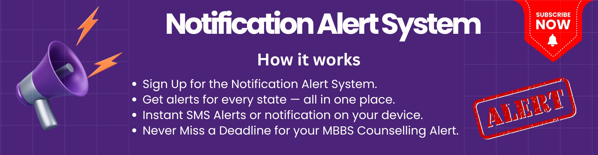 MBBS Notification Alert System – Get NEET counselling updates and important deadlines via SMS alerts for all Indian states. Stay informed with real-time notifications and never miss a medical admission opportunity. Ideal for NEET UG 2025 aspirants and parents tracking MBBS counselling dates.