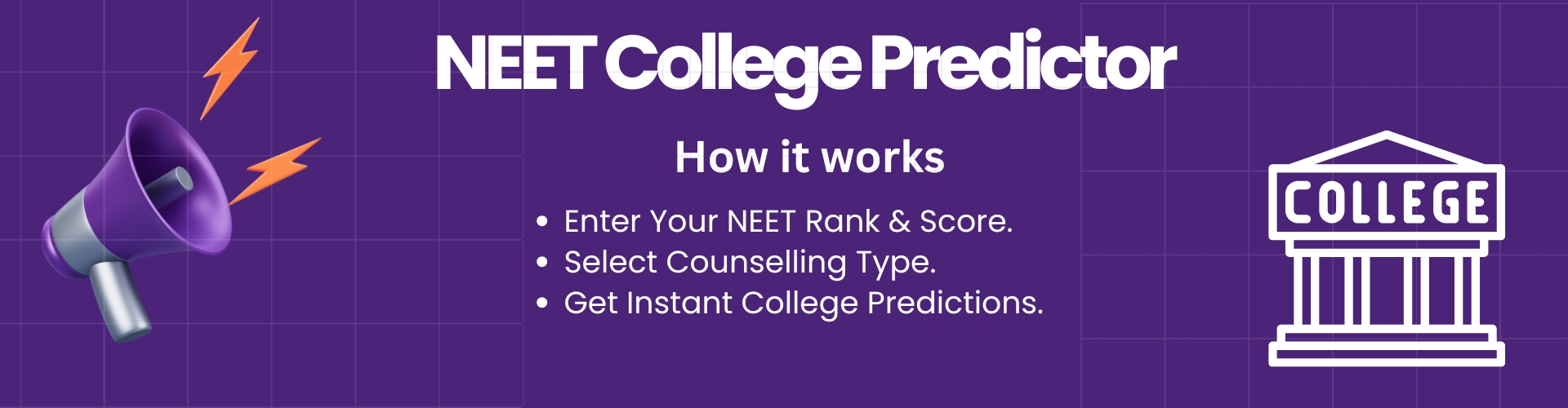 NEET College Predictor Banner – Predict your MBBS admission chances using NEET rank and score. Instantly find top government and private medical colleges through AI-powered counselling tool. Perfect for NEET UG 2025 aspirants exploring MBBS seat predictions in India.