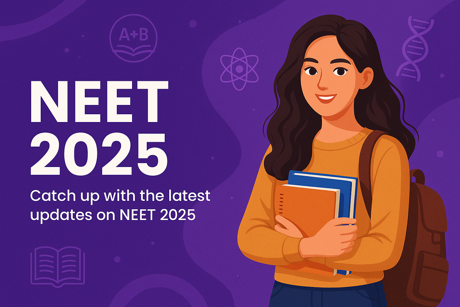 Promotional illustration for NEET 2025 featuring a confident female student holding books and wearing a backpack. The background is purple with educational icons like a DNA strand, atom, and open book. Text on the left reads 'NEET 2025 – Catch up with the latest updates on NEET 2025' in bold white font.